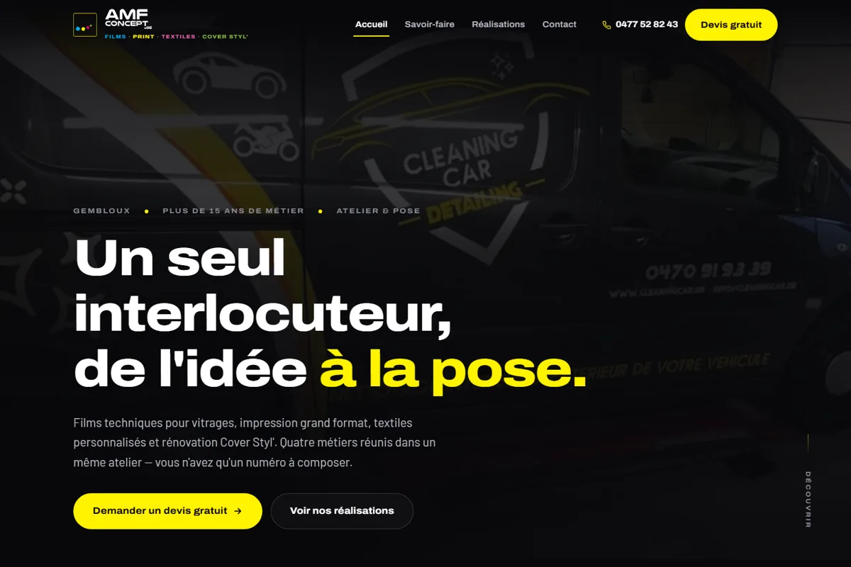 Page d’accueil d’AMF Concept, atelier d’impression et de pose à Gembloux